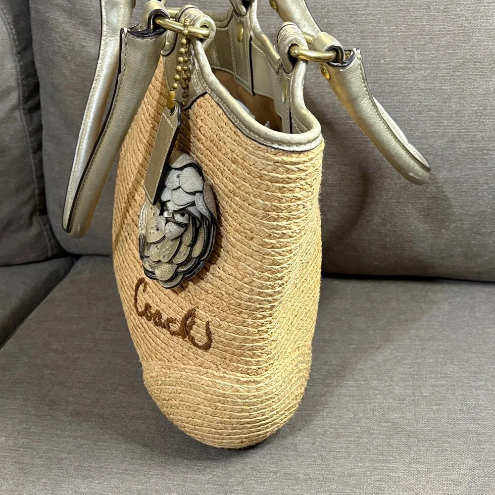 Coach Straw Tote w/ Floral Detail & Metallic Leather Trim - Natural & Gold